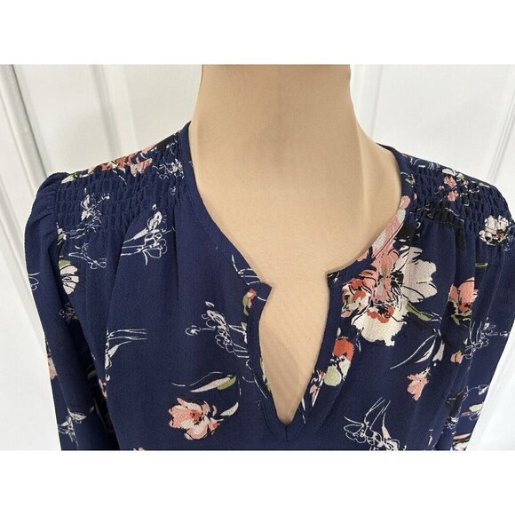 Fun2Fun Navy Blue Floral Boho Kenmore Split Neck Stretch Blouse Size S - Picture 3 of 9